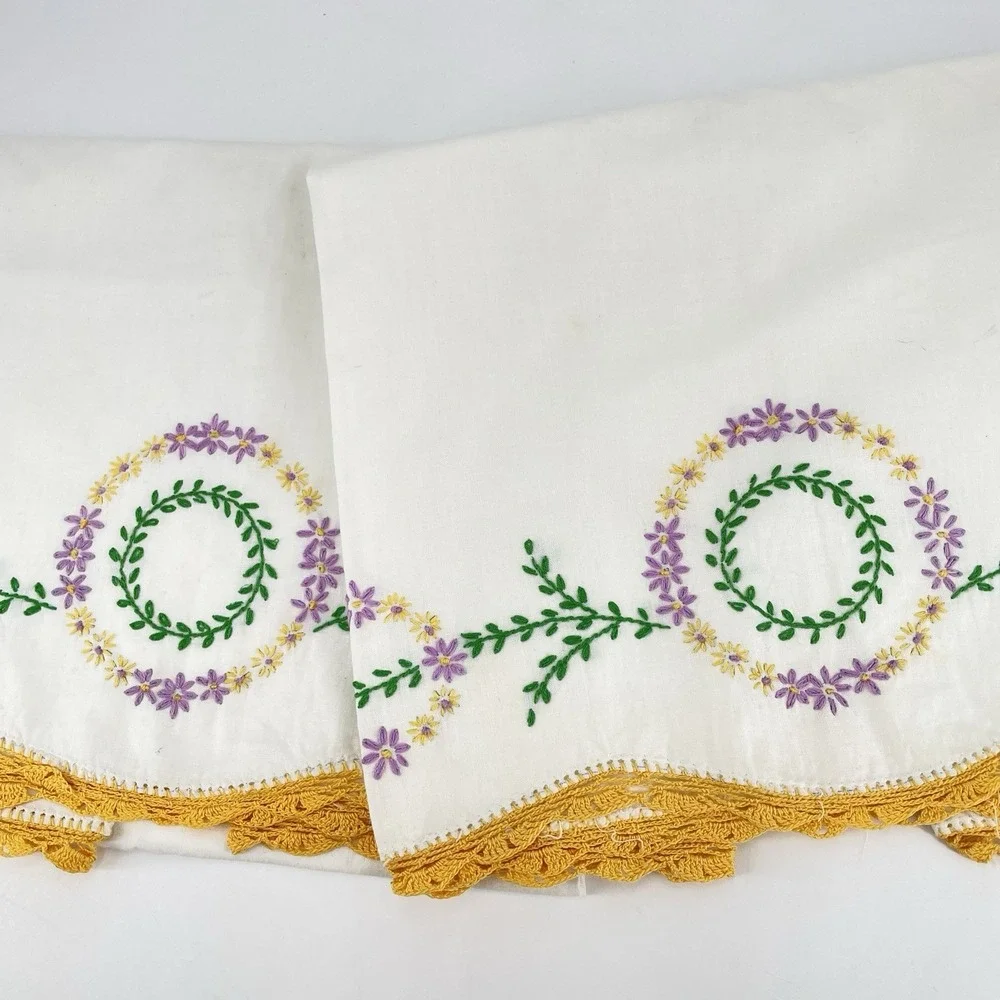 Vintage MCM Floral Embroidered Pillowcases Set of 2 White Cotton Crocheted Hems